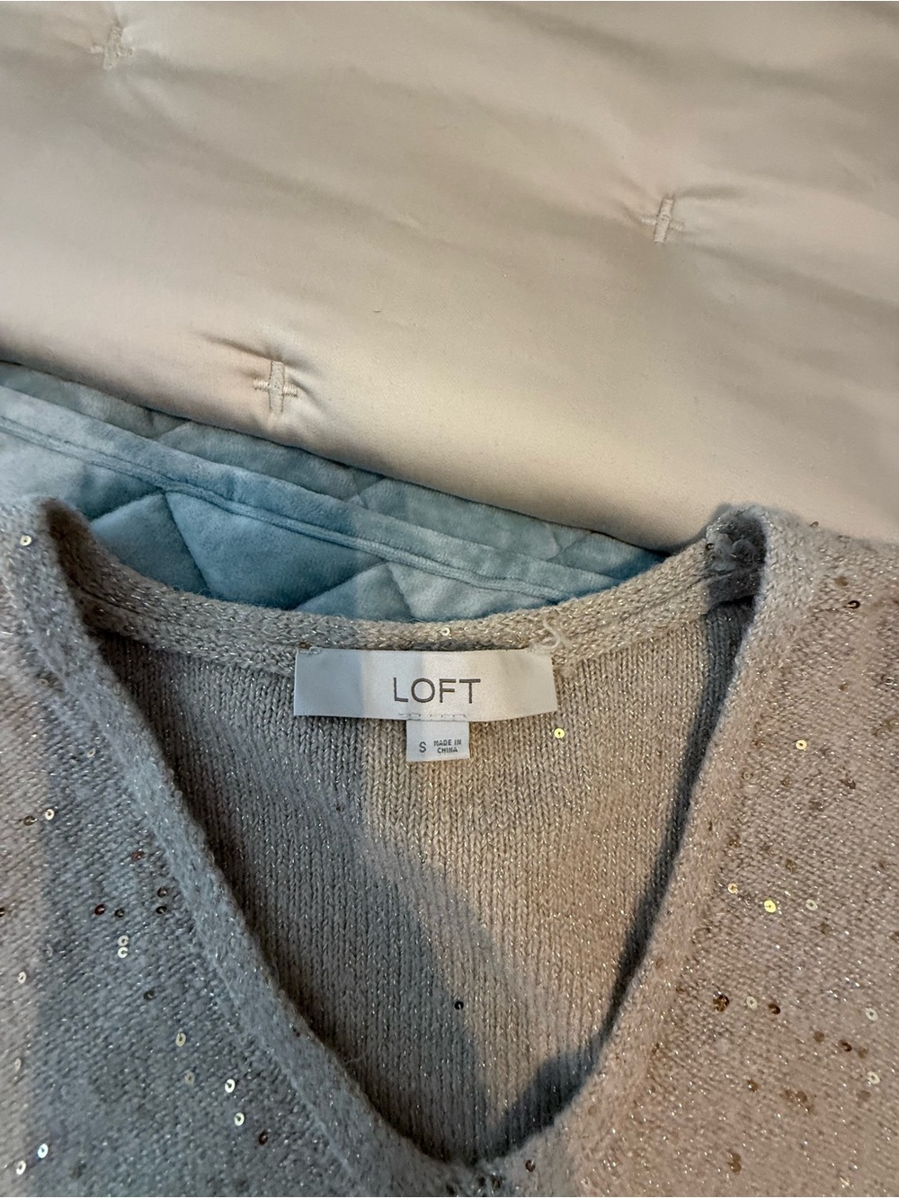 LOFT Women's Light tan/beige Sequin V-Neck Sweater
